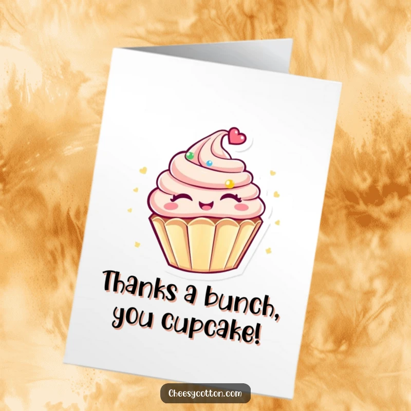Funny Free Printable Thank You Card: A happy kawaii cupcake character spinning joyfully, perfect for thanking someone.