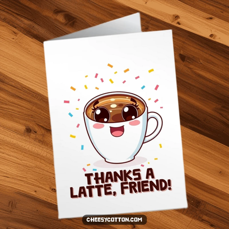 Funny Free Printable Thank You Card: A happy kawaii coffee cup cheering with confetti, sending thanks.