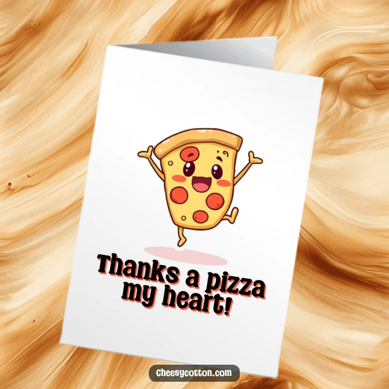 Funny Free Printable Pizza Thank You Card with a cheerful slice doing a cartwheel, expressing thanks humorously.