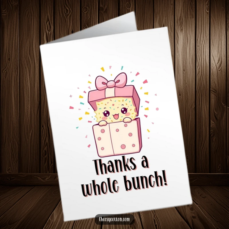 Funny free printable thank you card depicting a jumping present character releasing a shower of confetti, expressing sincere thanks.