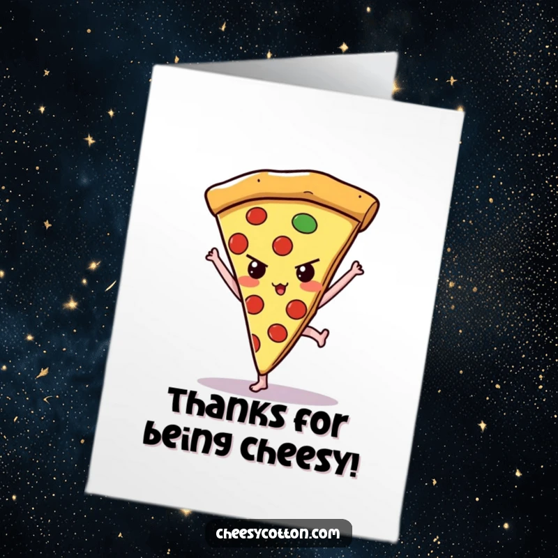 Funny Free Printable Thank You Card: A determined kawaii pizza slice balancing in a handstand, conveying support.