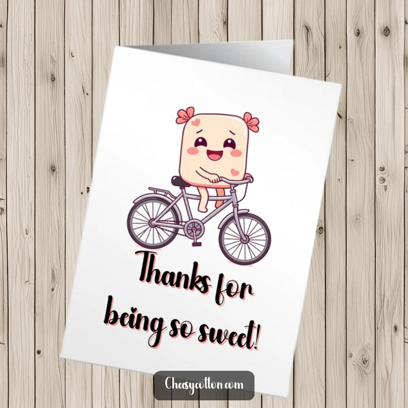 Funny Free Printable Thank You Card: A giggling candy riding a small bicycle, conveying thanks with sweetness.