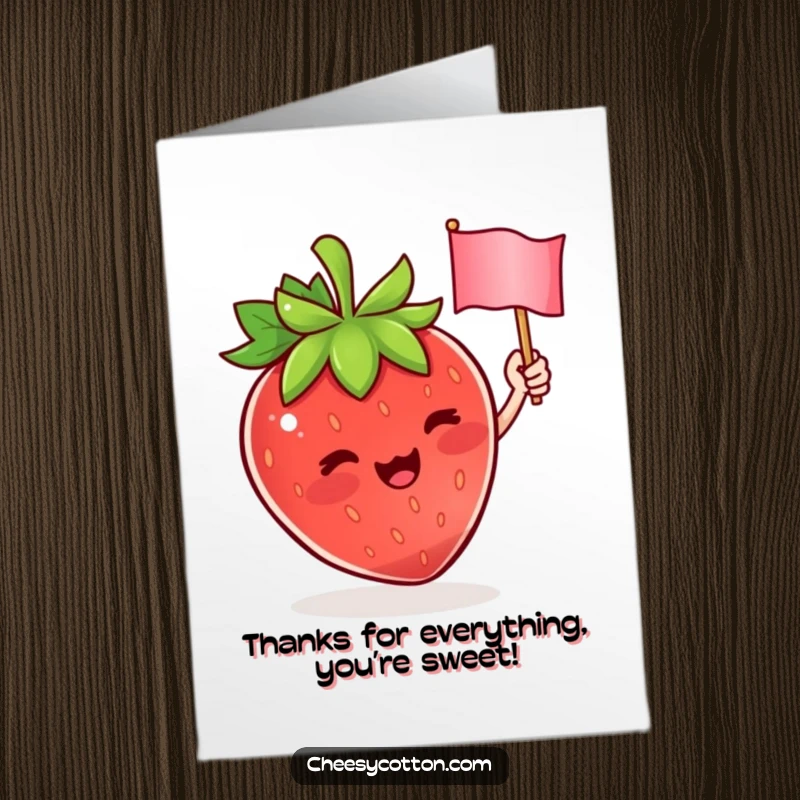 Funny Free Printable thank you card featuring a cute strawberry character waving a small flag joyfully.