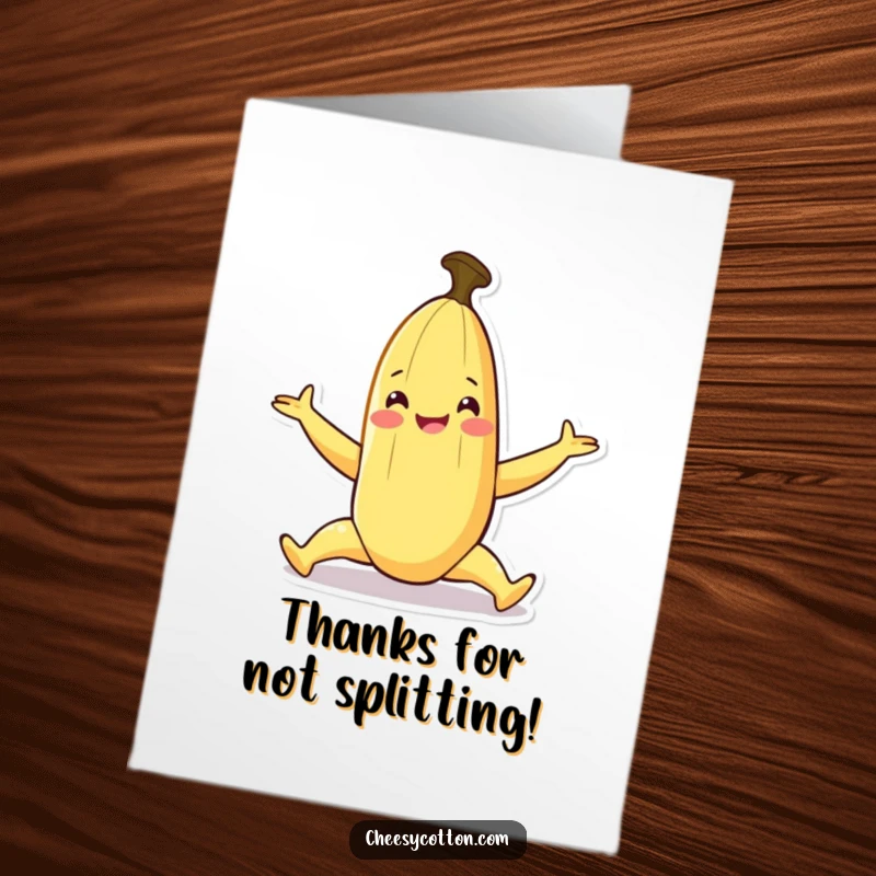 Funny Free Printable Thank You Card: A smiling banana character performing a playful split, offering thanks with a flexible pose.