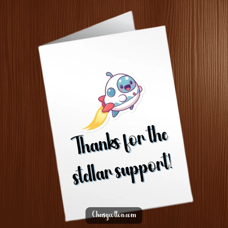 Funny Free Printable Spaceship Thank You Card with an excited character leaving a shimmering trail, expressing thanks.