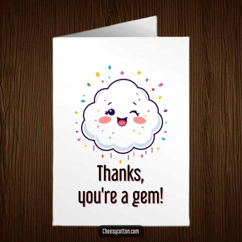 Funny Free Printable Thank You Card: Giggling cloud character raining colorful sprinkles, expressing thanks with a cheerful and lighthearted touch.