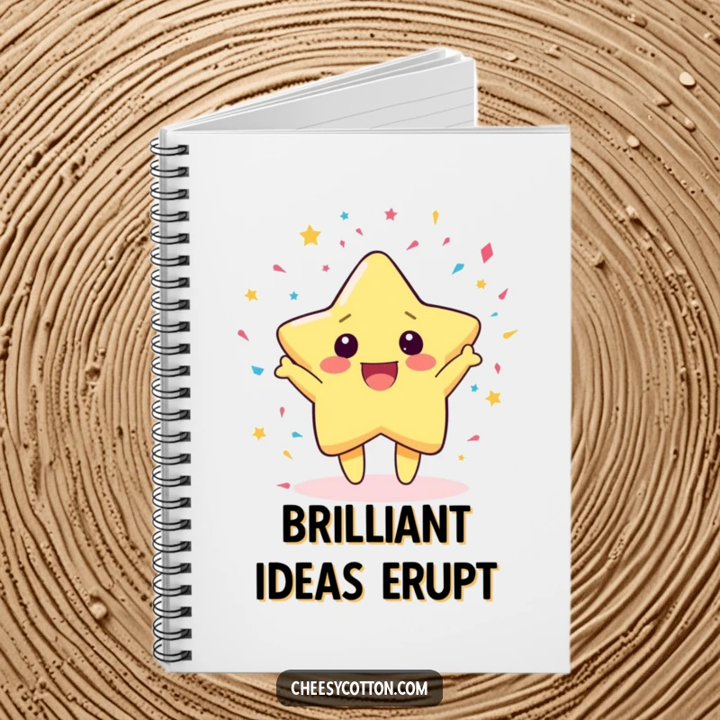 Funny Notebook cover featuring a cute kawaii star character gleefully throwing confetti, inspiring cheerful planning and ideas.