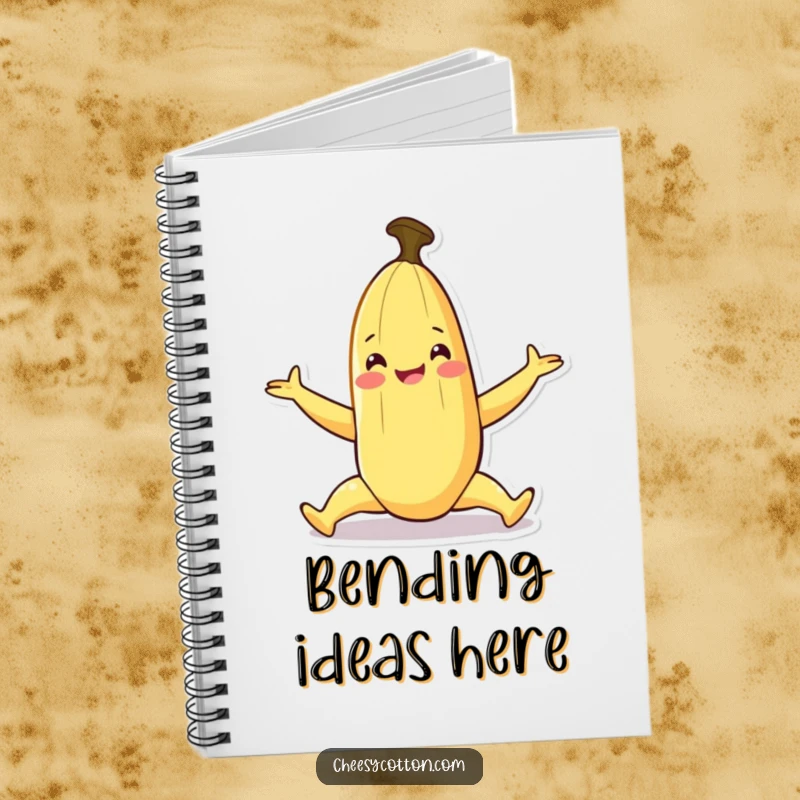 Funny notebook showcasing a smiling banana character in a playful split, ideal for writing.
