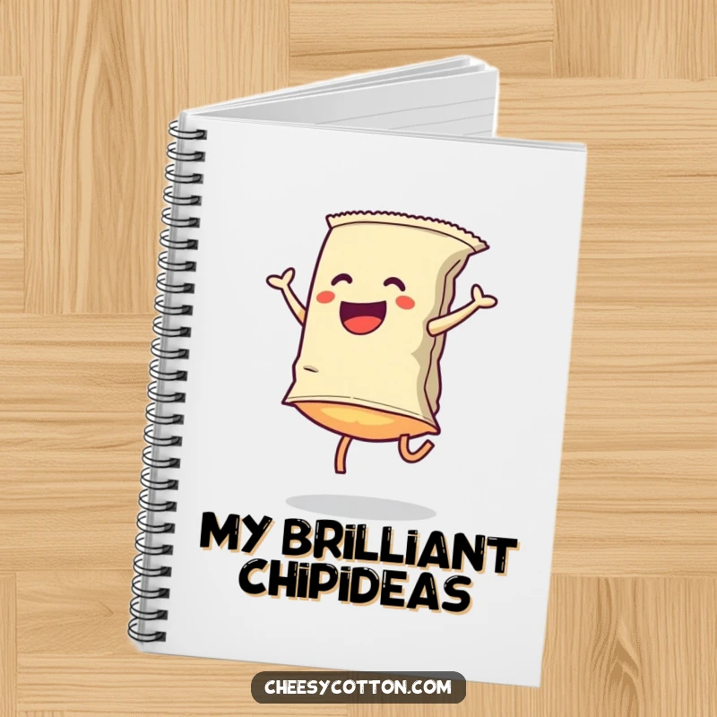 Funny Notebook: A chip bag doing a cartwheel inspires jotting down ideas with energetic, playful, and snack-themed creativity.