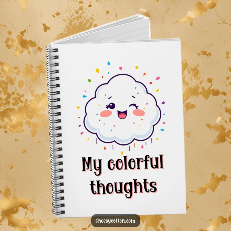 Funny Notebook with a giggling cloud character raining colorful sprinkles, perfect for writing and doodling with a sweet and cheerful theme.