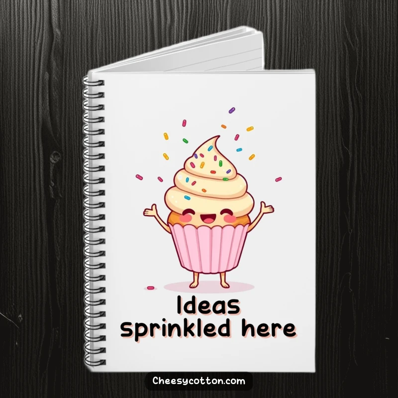 Funny, happy cupcake character juggling colorful sprinkles on the cover of a notebook, ideal for jotting down ideas.