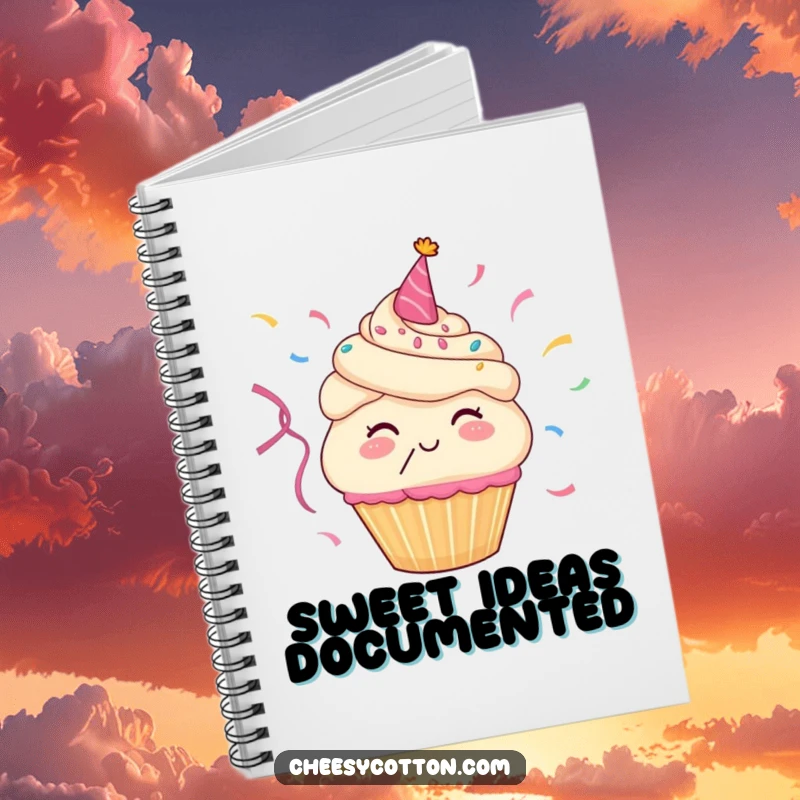 Funny notebook featuring a cheerful cupcake character blowing colorful party streamers, inspiring happy thoughts and creative writing.