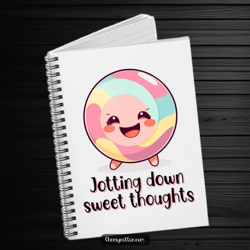 Funny Notebook cover featuring a happy, round candy rolling along with a big smile, inspiring sweetness in note-taking.