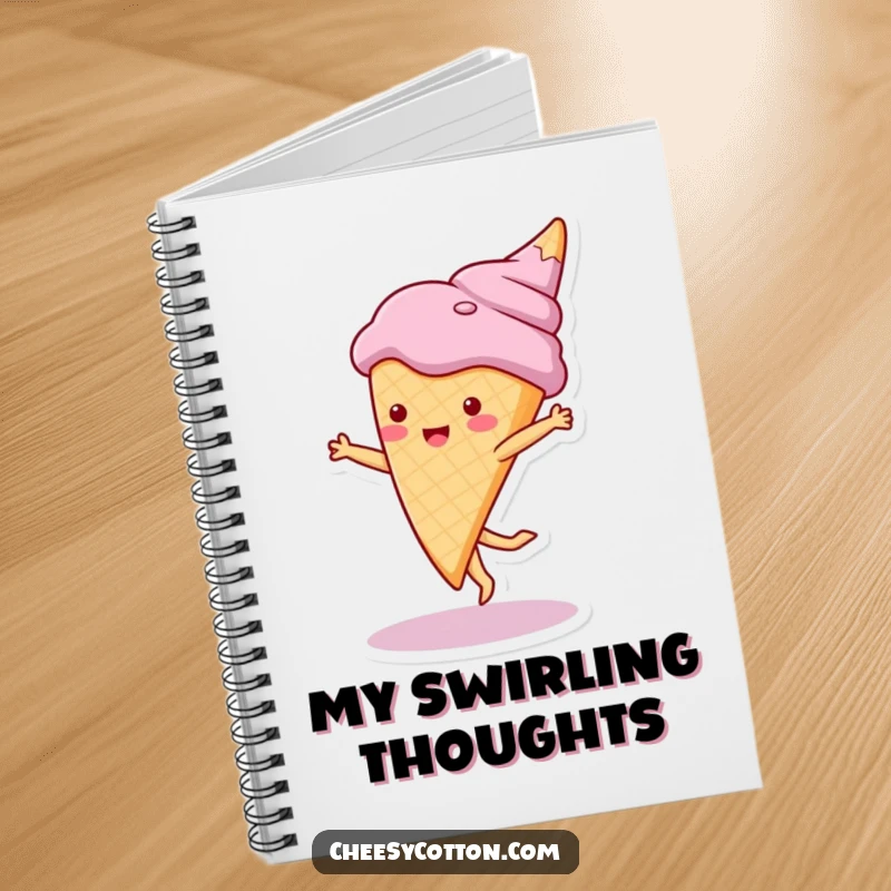 Funny notebook with a cute ice cream cone character doing a cartwheel, ideal for jotting down sweet thoughts and plans.