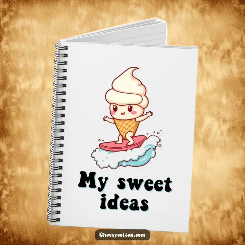 Funny ice cream cone surfing a candy wave, a humorous notebook for jotting down sweet ideas.