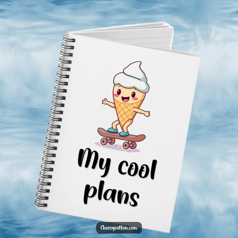 Funny ice cream cone character skateboarding, featured on the cover of a notebook for writing and planning.