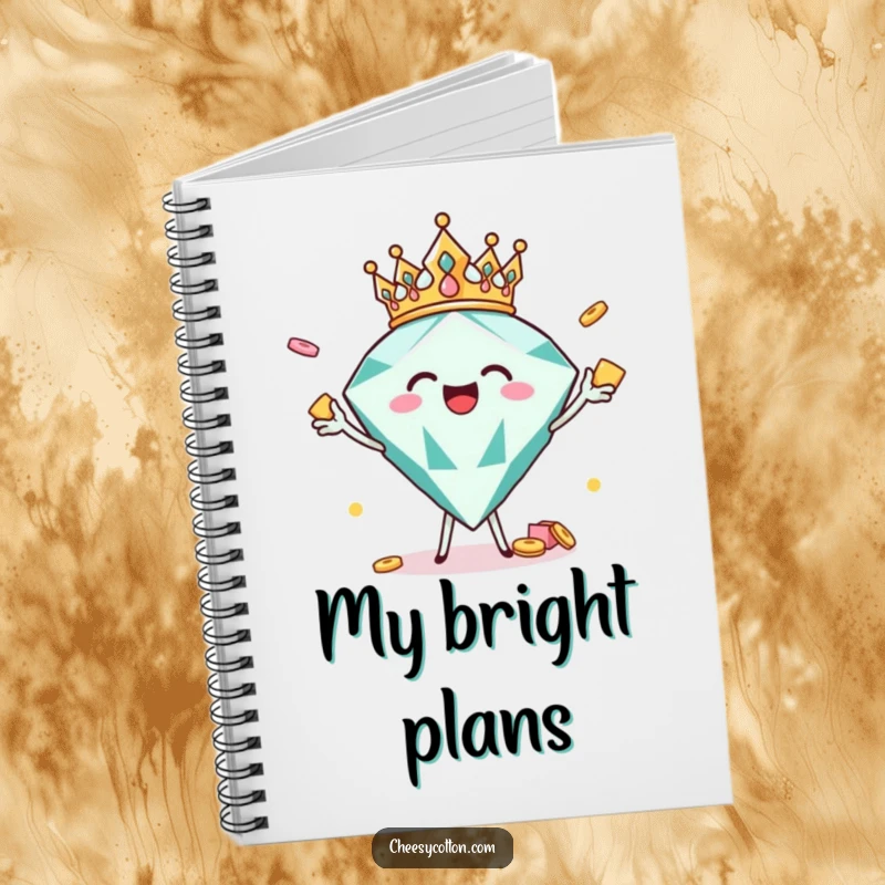 Funny crowned diamond character tossing snacks, a humorous notebook for jotting down brilliant ideas.