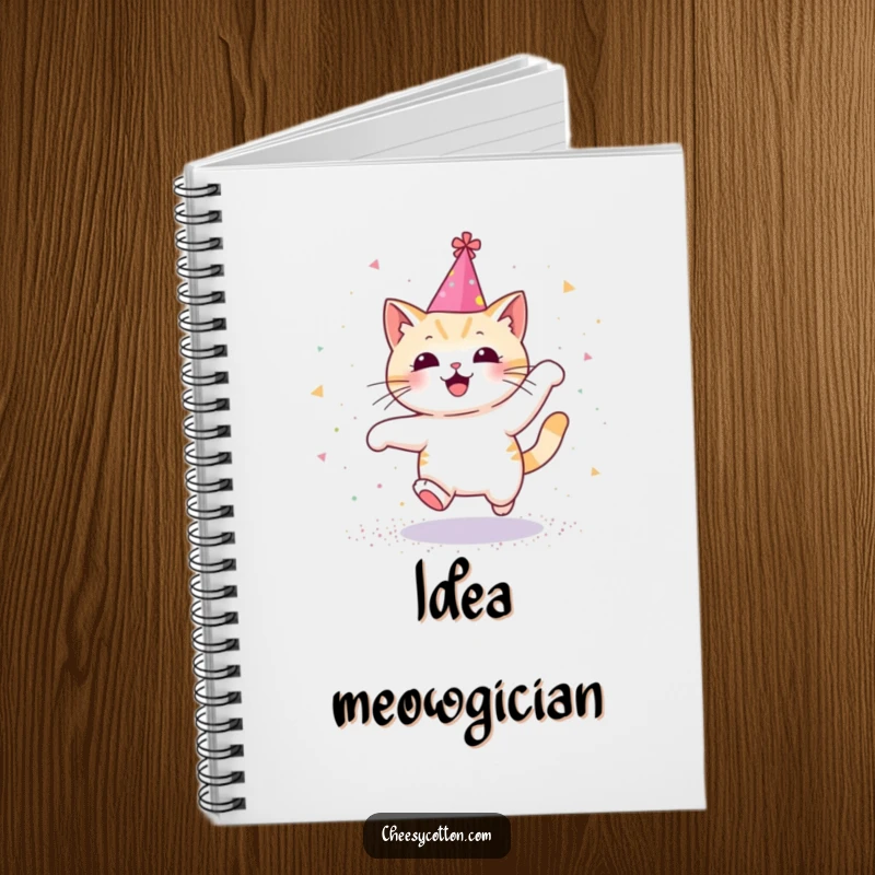 Funny notebook with a Kawaii cat in a party hat, joyfully leaping through glitter, perfect for cute notes.