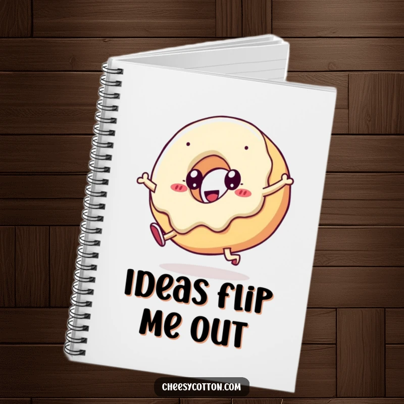 Funny kawaii doughnut doing a cartwheel on a notebook cover, ideal for jotting down funny thoughts and ideas.
