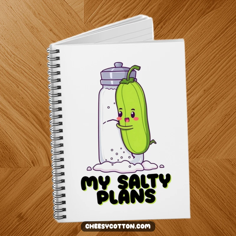 Funny notebook with a determined pickle character hilariously attempting to climb a giant salt shaker, a motivational companion for note-taking.