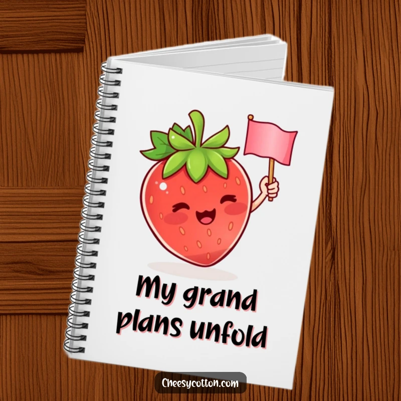 Funny notebook with a cute strawberry character enthusiastically waving a tiny flag, ideal for jotting down joyful thoughts and ideas.