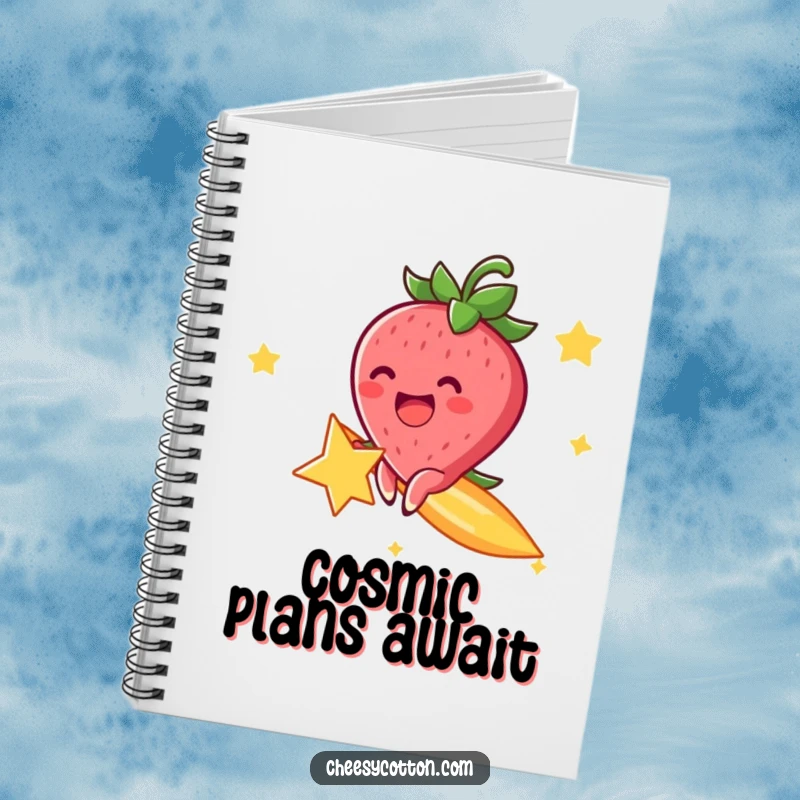 Funny notebook with a cheerful strawberry character, excitedly riding a shooting star, perfect for cosmic notes.