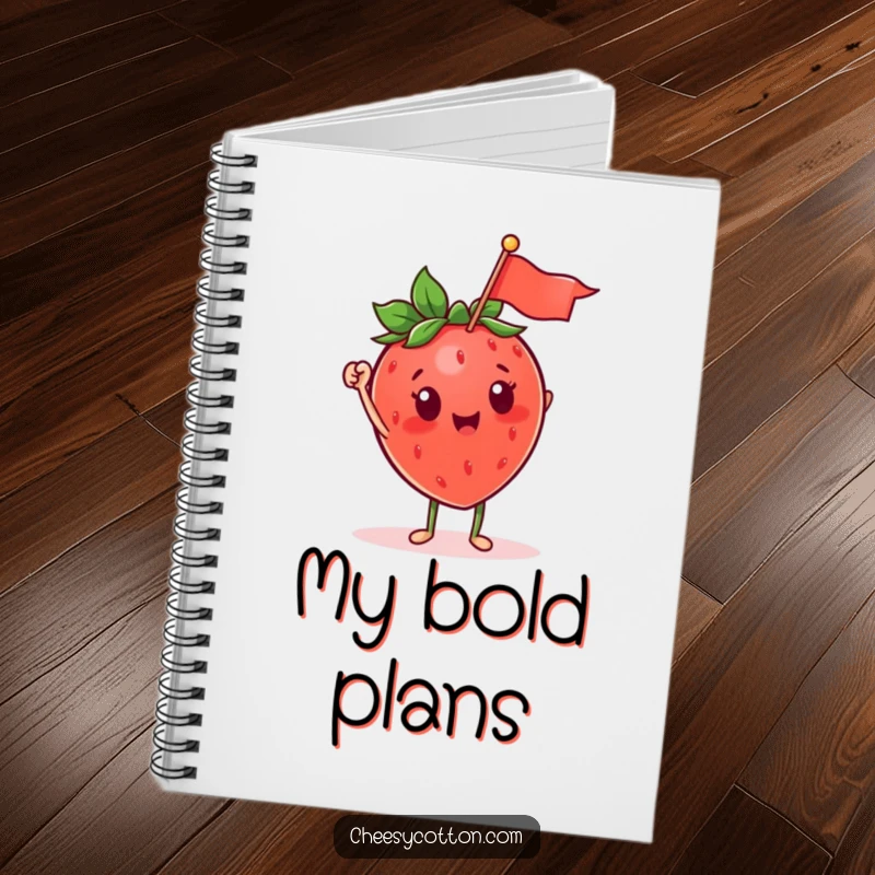 Funny strawberry character waving a flag on the cover of a notebook, perfect for jotting down cheerful notes.