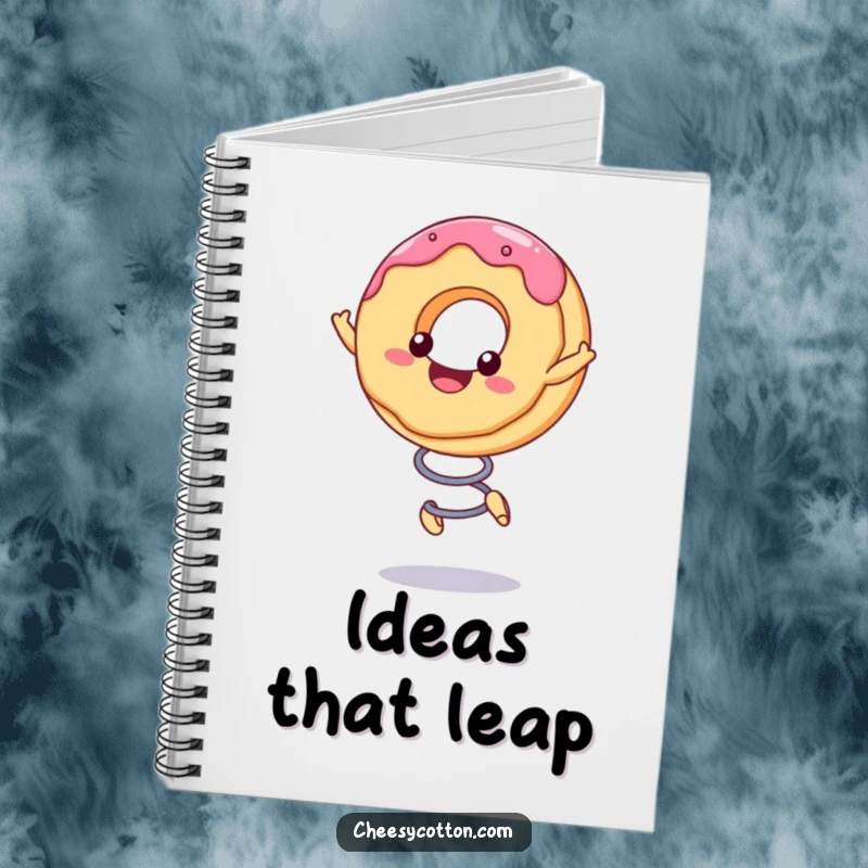 Funny Notebook cover featuring a cute kawaii donut character bouncing excitedly on a spring, inspiring cheerful note-taking.