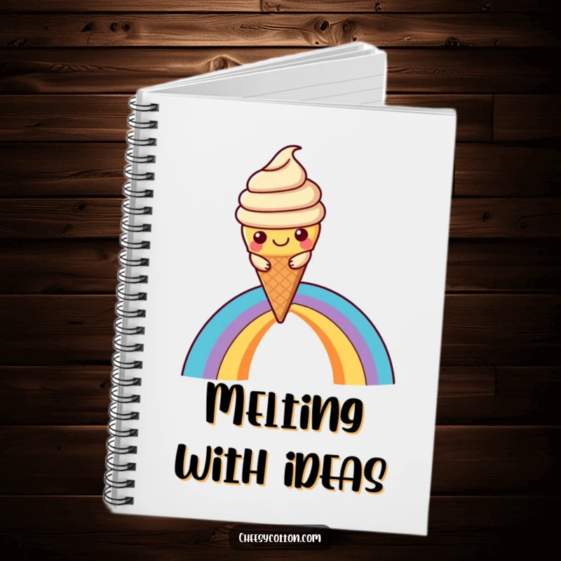 Funny Kawaii Ice Cream Notebook: A cute kawaii ice cream cone character sliding down a rainbow, perfect for jotting down sweet ideas.