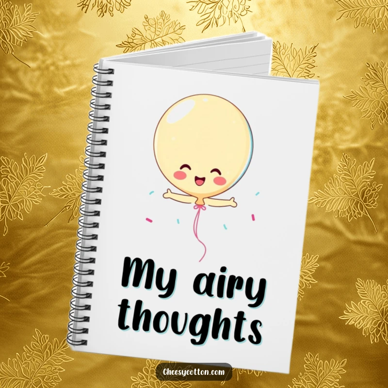 Funny playful balloon character with streamers, a humorous notebook for jotting down happy ideas.