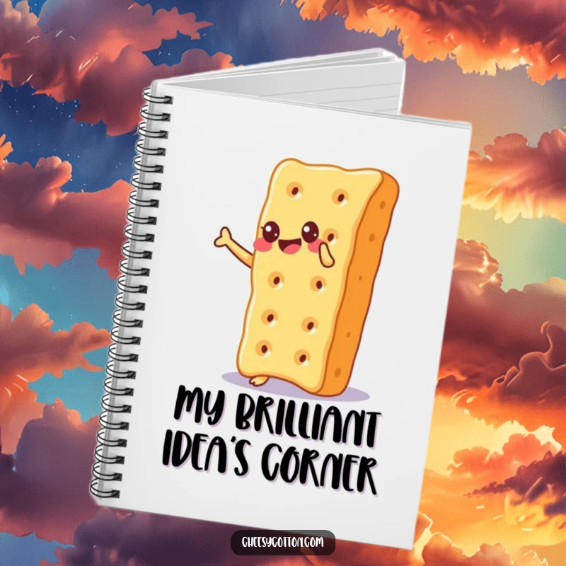 Funny Notebook cover featuring a cheesy cracker in a state of gleeful balance, inspiring joy and wit in note-taking.