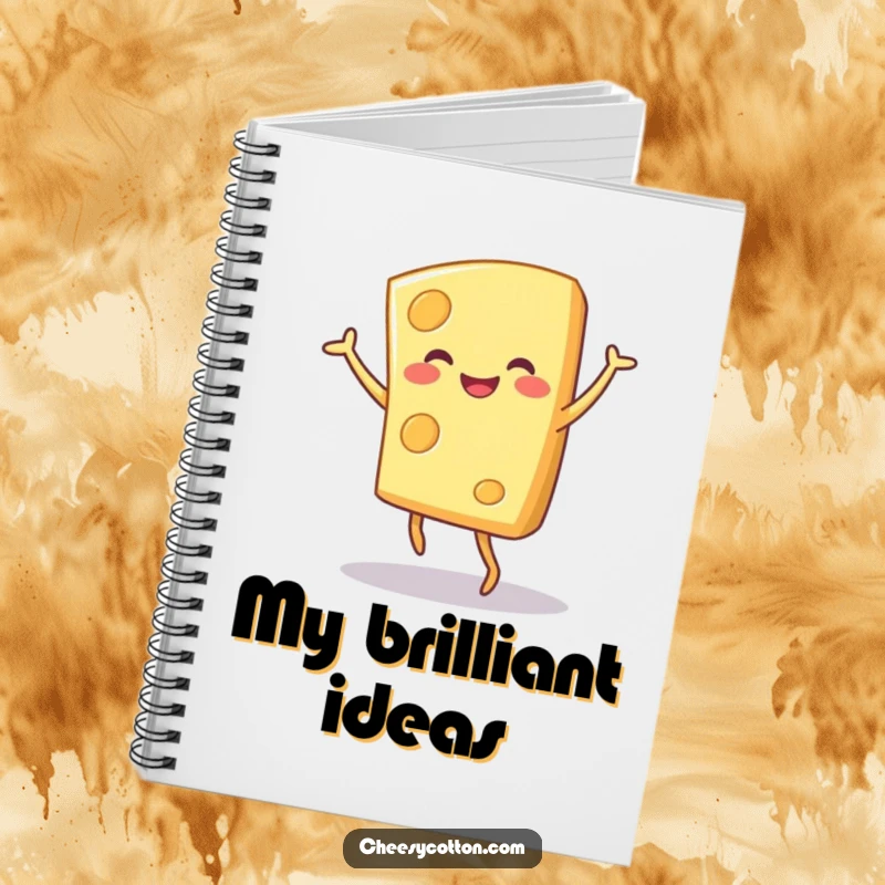 Funny smiling cheese character dancing, featured on the cover of a notebook for writing and planning.