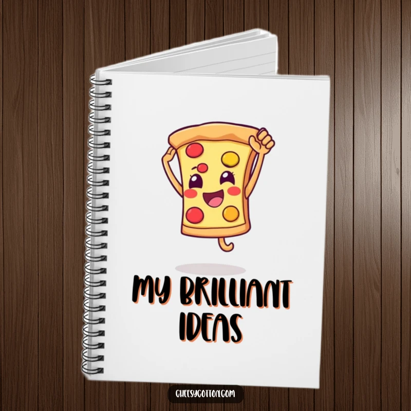 Funny notebook with a smiling pizza slice character leaping for a high five, ideal for jotting down fun ideas and plans.