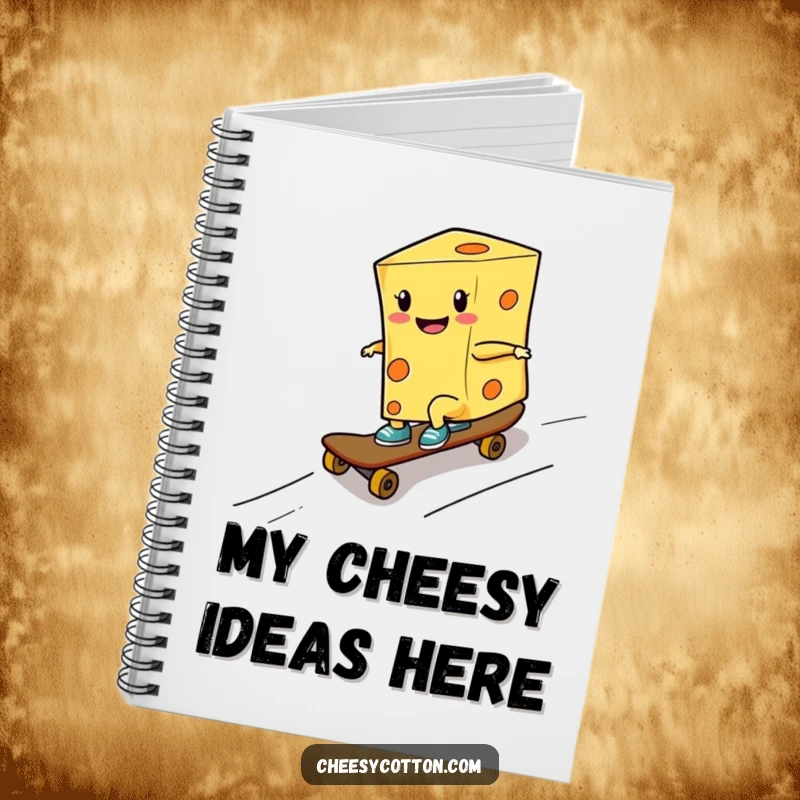 Funny notebook with a smiling cheese character skateboarding down a ramp, perfect for jotting down ideas and plans.