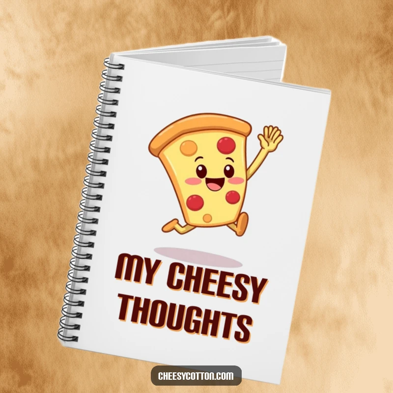 Funny pizza slice character leaping for a high five on the cover of a notebook, ideal for jotting ideas.