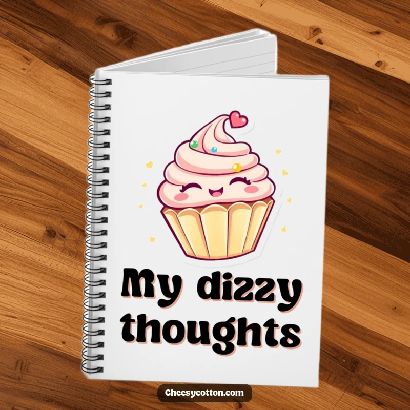 Funny Kawaii Cupcake Notebook: A cheerful kawaii cupcake character happily spinning, perfect for jotting down sweet thoughts and ideas.
