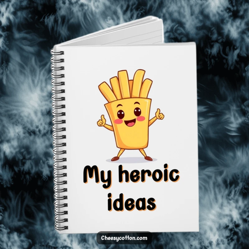Funny notebook with a happy french fry character striking a superhero pose, ideal for jotting down heroic thoughts and plans.