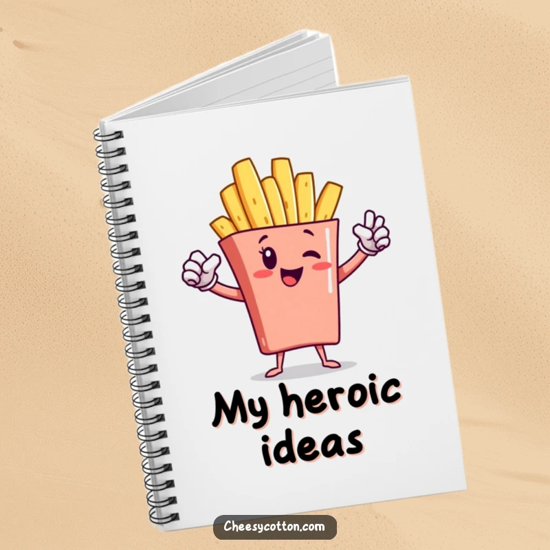 Funny french fry character in a superhero pose on the cover of a notebook, perfect for jotting heroic plans.