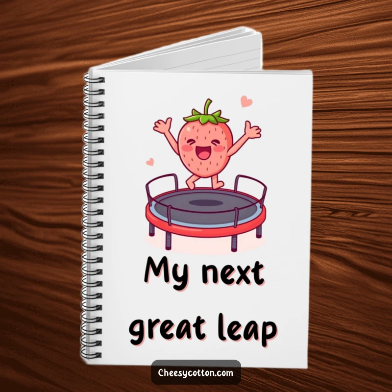 Funny strawberry character energetically on a trampoline, featured on the cover of a notebook for writing and drawing.
