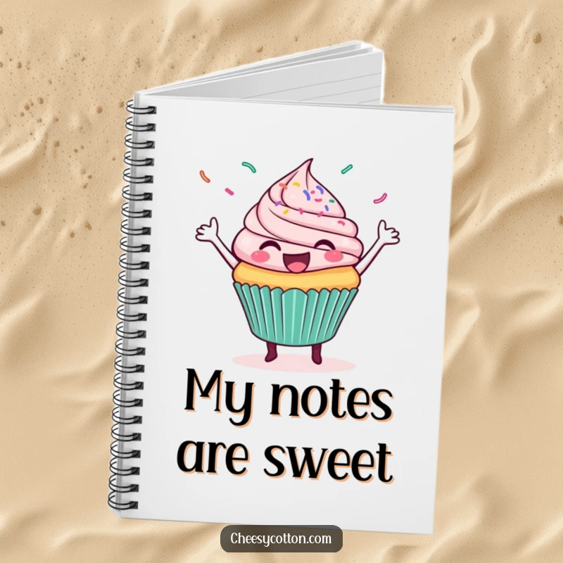 Funny notebook cover with a delighted cupcake doing a celebratory dance amidst a shower of colorful sprinkles.