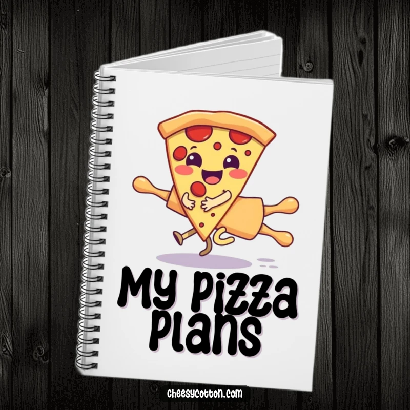 Funny notebook with a giggling pizza slice character humorously riding a runaway rolling pin, a delightful companion for note-taking and doodling.