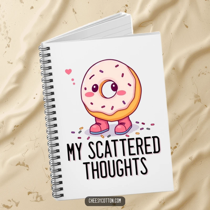 Funny notebook with a confused donut character adorably wearing tiny boots and stepping in sprinkles, a delightful companion for note-taking.