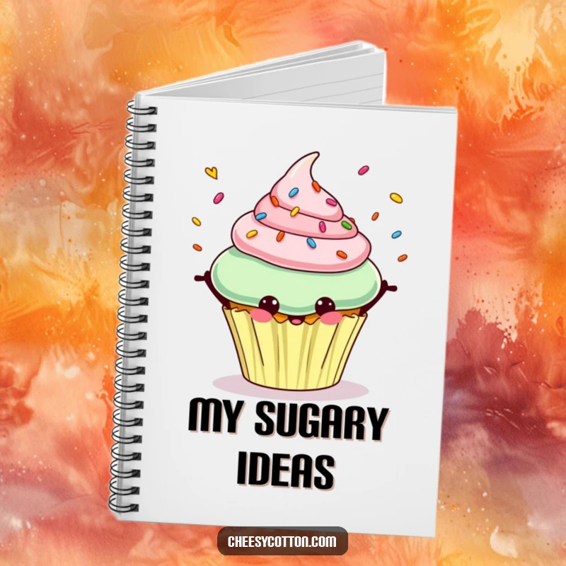 Funny notebook featuring a cheerful cupcake character happily juggling colorful sprinkles, ready for inspiration.
