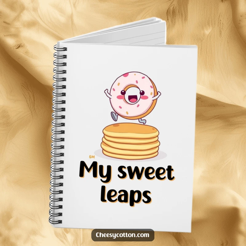 Funny Donut Pancake Leap Notebook: A notebook with a cover depicting a determined donut character leaping over a stack of pancakes.