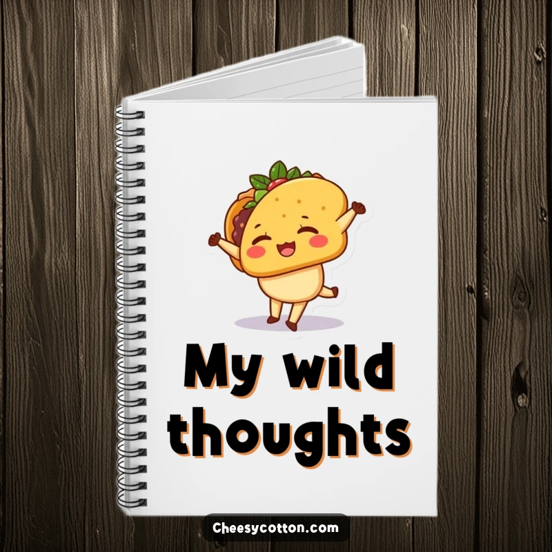 Funny Notebook with a cute kawaii taco character winking and performing a cartwheel on the cover, ready for bright ideas.