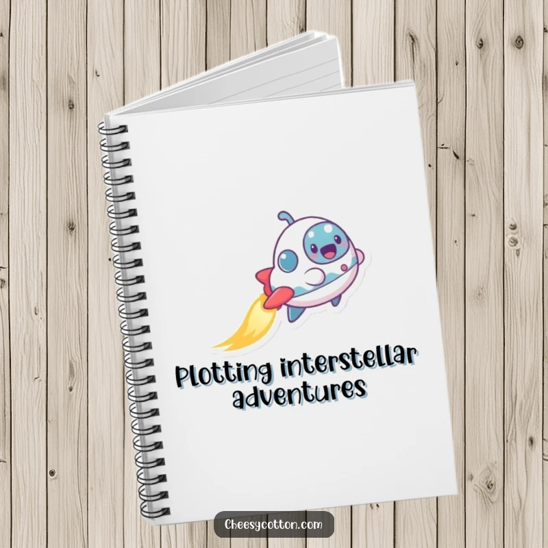 Funny notebook with a cover showing an excited, tiny spaceship character leaving a shimmering trail, promoting creative and humorous note-taking.