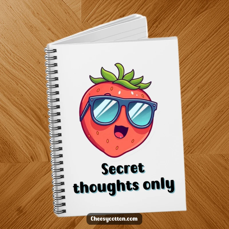 Funny notebook cover depicting a surprised strawberry giggling uncontrollably behind oversized sunglasses, ready for notes.