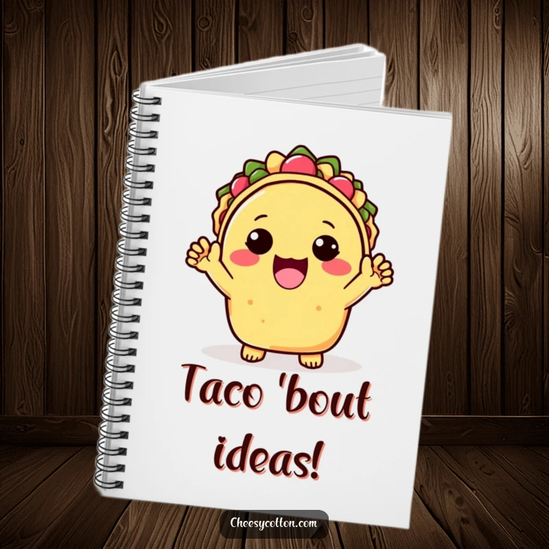Funny Notebook cover showcasing a kawaii taco character energetically cheering with both hands, inspiring joy in note-taking.