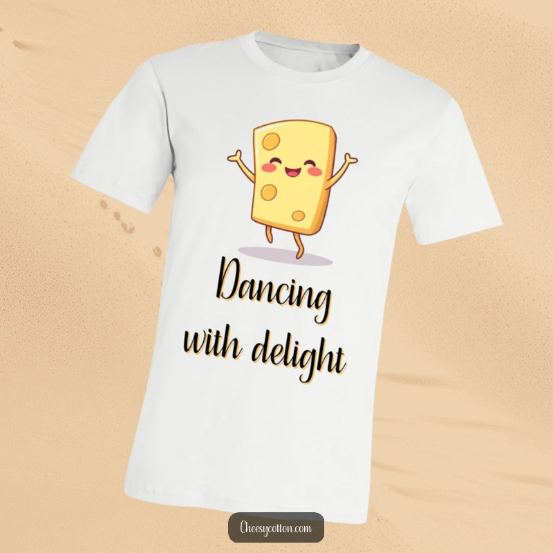 Funny cheese character doing a happy dance, illustrated on a t-shirt for a humorous and playful fashion statement.