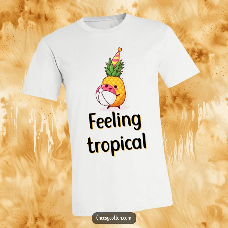 Funny kawaii pineapple wearing a party hat joyfully bouncing a beach ball, printed on a t-shirt.